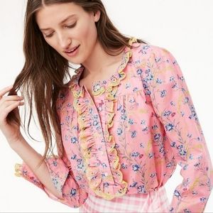 J. Crew Liberty Popover Ruffle Blouse Large NEW NWT Pink Yellow Floral Eyelet